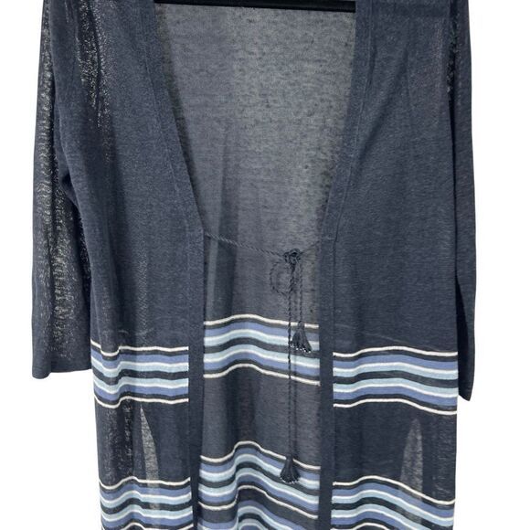 J. Jill Blue Striped Knit Linen Blend String Tie Tunic Cardigan XS - Picture 2 of 9